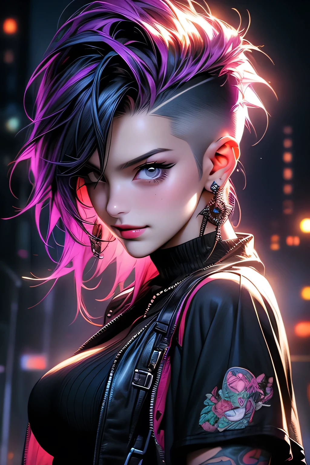 Professional:1.Six models, (最high quality, 4K, 8k, High resolution, masterpiece:1.2), Very detailed, Realist, Punk Style, Punk Fashion, ((Upper body portrait)), Spiked clothing, Chain Accessories, Rebel Pose, Mohawk Alto, Fancy rainbow hair, (Night forest background), Studio Lighting, Dynamic poses and grace､masterpiece, 最high quality, high quality, High resolution, ((Upper body portrait)), Upper body portrait､super big breasts sexy､With a smile