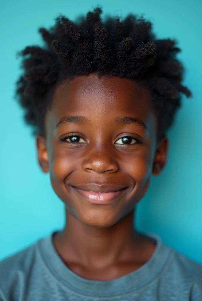 CREATE AN IMAGE OF A 1 DARK-SHARED BOY, FOR THE YEARBOOK PHOTOGRAPHY, AQUAMARINE BLUE BACKGROUND