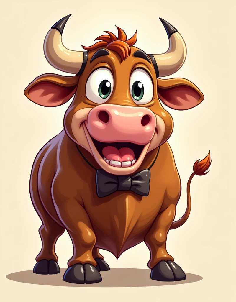matured comic cartoon, bull shiny eyes, smiling, dummy, humorous