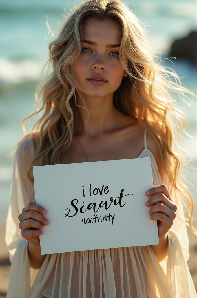 Beautiful girl with wavy long hair, bohemian dress, holding a white board with text "I Love Seaart Infinity" and showing it to the viewer