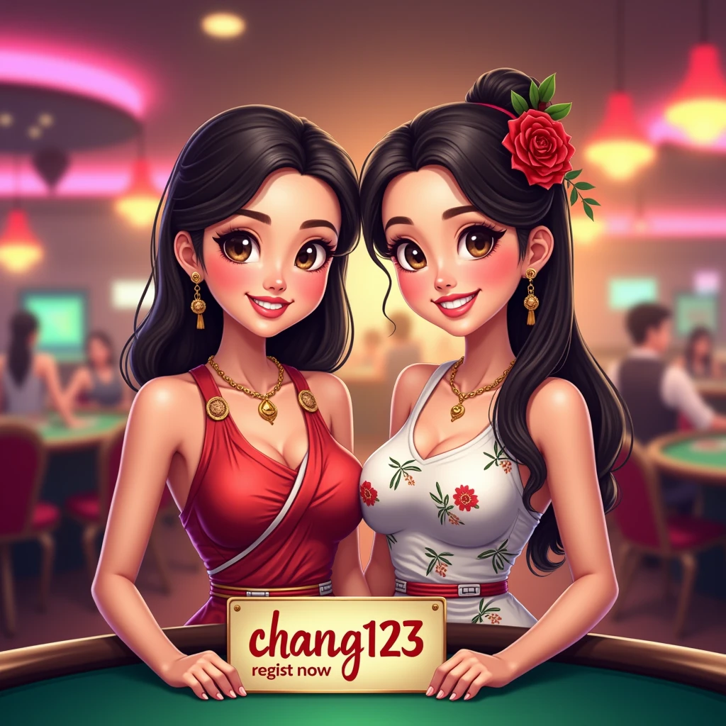 PG SLOT >> [chang123th.featuring] Direct web, upper body, two beautiful Thai women holding a sign "CHANG123 REGIST NOW" Cheerful, Happy, Casino Background, Thai Dress, Real Cartoon Pixar, Broken Chest, Standing Behind Poker Table, White Skin , simplemix, AbsoluteRealthailandwomen,