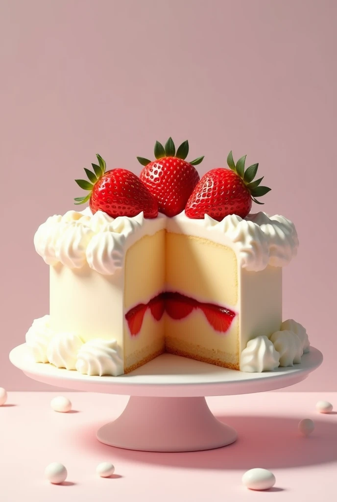 Cake with hidden flan, covered with chantilly cream and strawberries on top of the cake