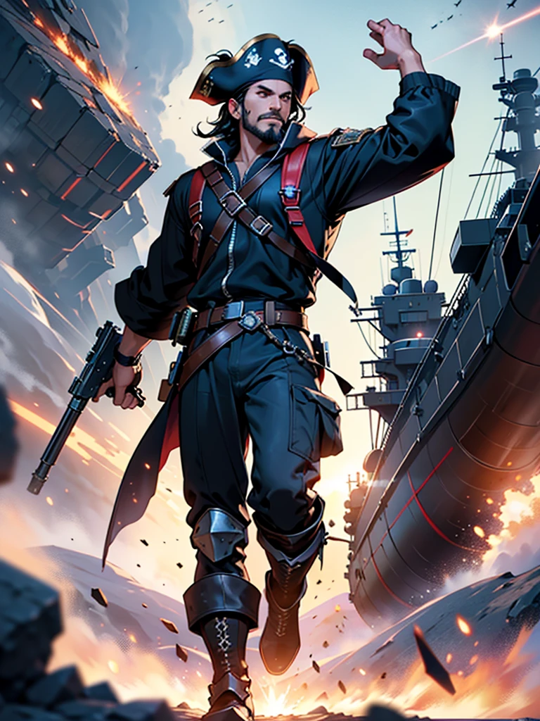 Space action movie poster. Best quality, masterpiece, a high resolution, One, One focus, 1 boy, mature man, black hair, Red eyes, (perfectly drawn face), facial hair, (Long sleeves, Pirate Costume, pirate hat, Pirate boots), space background, standing on the wheelhouse of a space pirate ship, V-shaped eyebrows, Evil grin, There is a space battle in the background, battleship explosions, Wearing the Desert Cloak, Wearing full heavy mecha armor, Fighting pose, War of alien civilizations, The smoke from the gun fills, Soldier in armor, full armor, Against the backdrop of a bright space battle and explosions of space battleships, almost perfect, Light red color, In its purest form, intricate details, Post-production 8K, high resolution, super detail, trending on artstation, Sharp Focus, intricate details, Very detailed, dynamic movement, engineering ingenuity, hard breath, (oppressive attack)