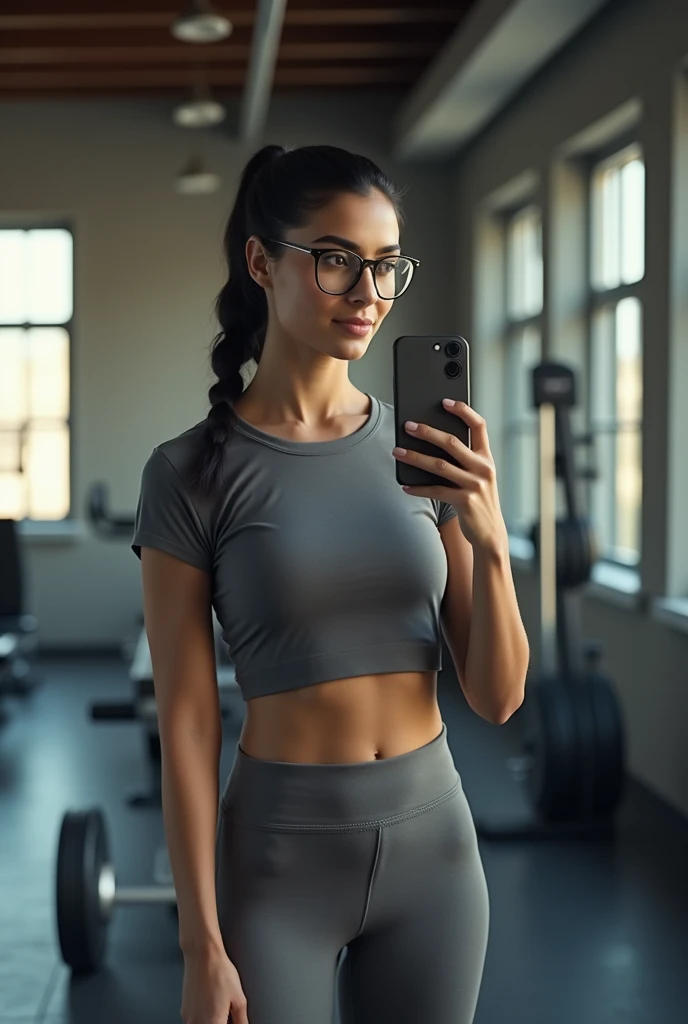 (photorealism:1.2), beautiful pakistani woman wear gym suite trouser full Tshirt Iphone selfie look infront of mirror stand in gym white skin tone pony tail eyesight glasses