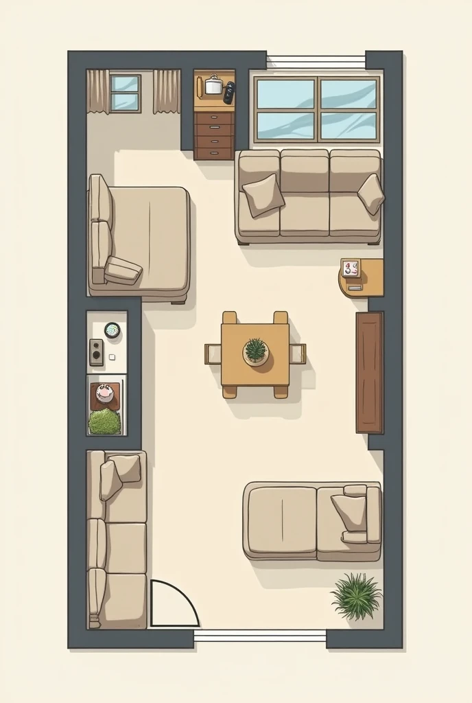 Make a floor plan of just one room with the following specifications Room dimensions: 9.00 Length 3.00 Width Desired distribution (For example, Do you want a master sofa?, armchairs, Center table, TV area): a little bit of everything Style: minimalist Other details: A window on the right side ( on the wall of 3.00), 2 windows on the front (on the wall of 9.00) and between the 2 windows a door