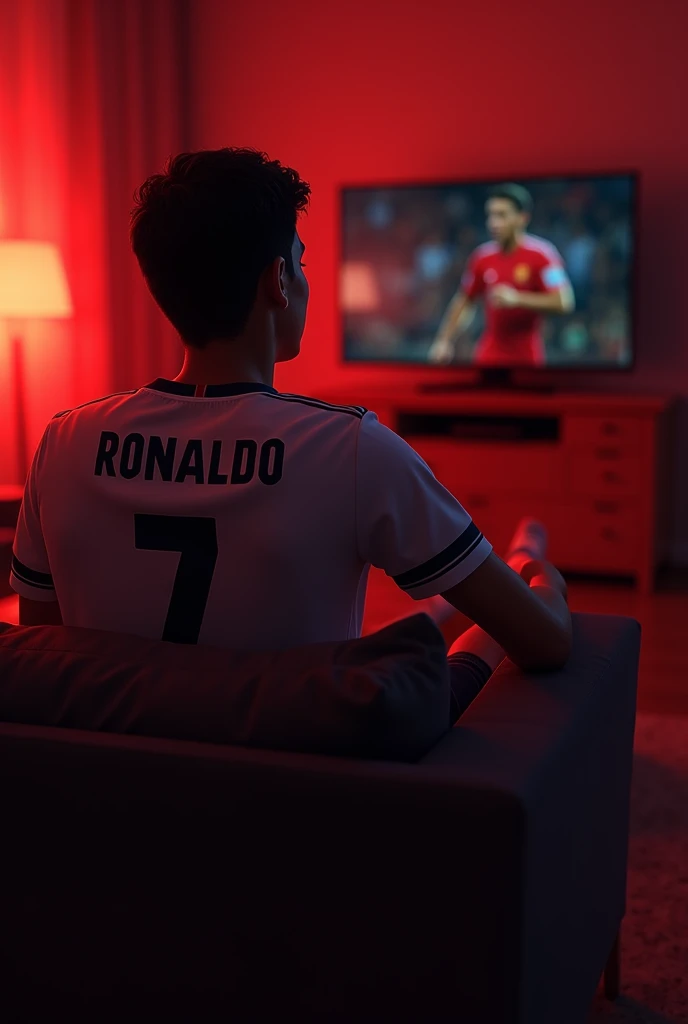 A person watching tv with shirt name ‘Ronaldo’ and number 7 away from the tv and lighting of the room will redish type