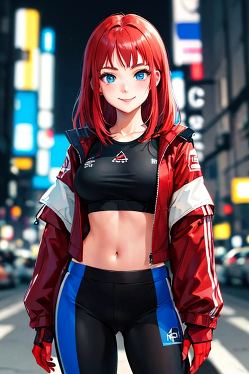 high quality, subsurface scattering, chromatic lighting,
colorized, red + white limited color palette, 
detailed concept drawing,
Shibuya street girl, cyberpunk, futuristic,
portrait, 20yo 1girl, medium soft breasts, slender, crop top, jacket, combat-pants, long red hair, blue eyes, smiling
