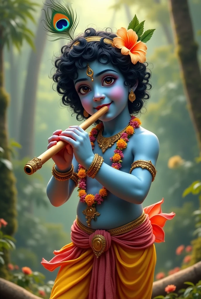  Lord krishna with complexion the color of rain clouds. He plays a flute, His smiling enchanting. He wears a peacock feather in His curly black hair and a flower garland around His neck. Generate the krishna from mahabharata 
