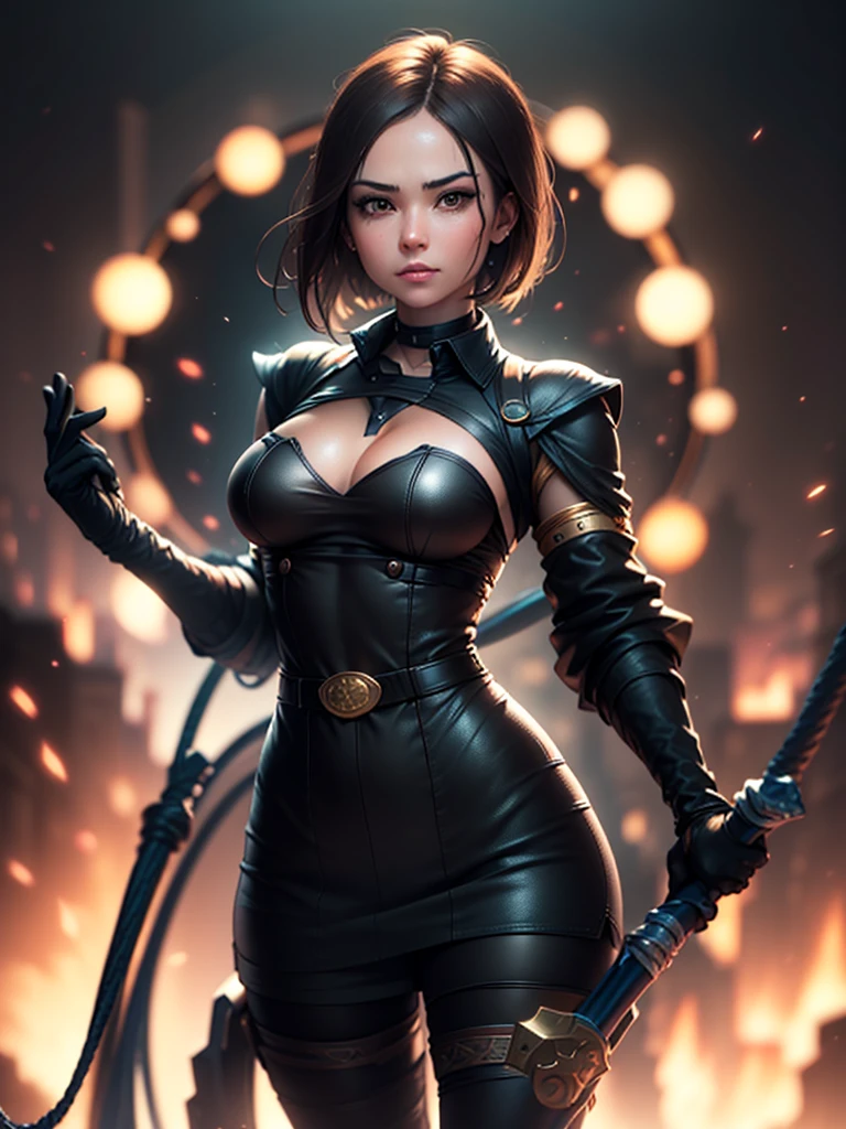 (at night), in a video game scene in the background of a beautiful city at night, raining, alone, standing looking straight ahead, military green military clothing, black gloves, semi-short hair, ((semi-short hair) short)), 1 girl, 30 years old, young woman, perfect hands, Beautiful fingers, Beautiful long legs, Beautiful body, Beautiful nose, Beautiful character design, perfect face, looking straight at the viewer with a serious and very upset gesture, brings grabbed a whip in his black hand (focusing on his face), closed mouth, light_smile, official art, extremely detailed CG unity 8k wallpaper, perfect lighting, bright and colorful front lighting, glowing skin (masterpiece: 1.0) , (Best_quality: 1.0), ultra High resolution, 4k, ultra detailed photography, 8K, hdr, High resolution, Nonsense:1.2, Kodak portrait 400, film grain, Background blur, bokeh:1.2, Lens flare, (vibrant_color :1.2), professional photography, (Beautiful, breasts: 1.4), (Beautiful_face: 1.5), (narrow waist),
