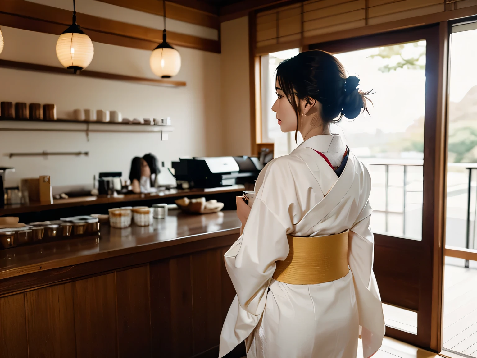 masterpiece, Highest quality, Back view of a woman in a kimono walking through a coffee shop、Beautiful white skin、Up Hair、indoor, Shadow, autumn、Real-world locations、live-action、Realistic、