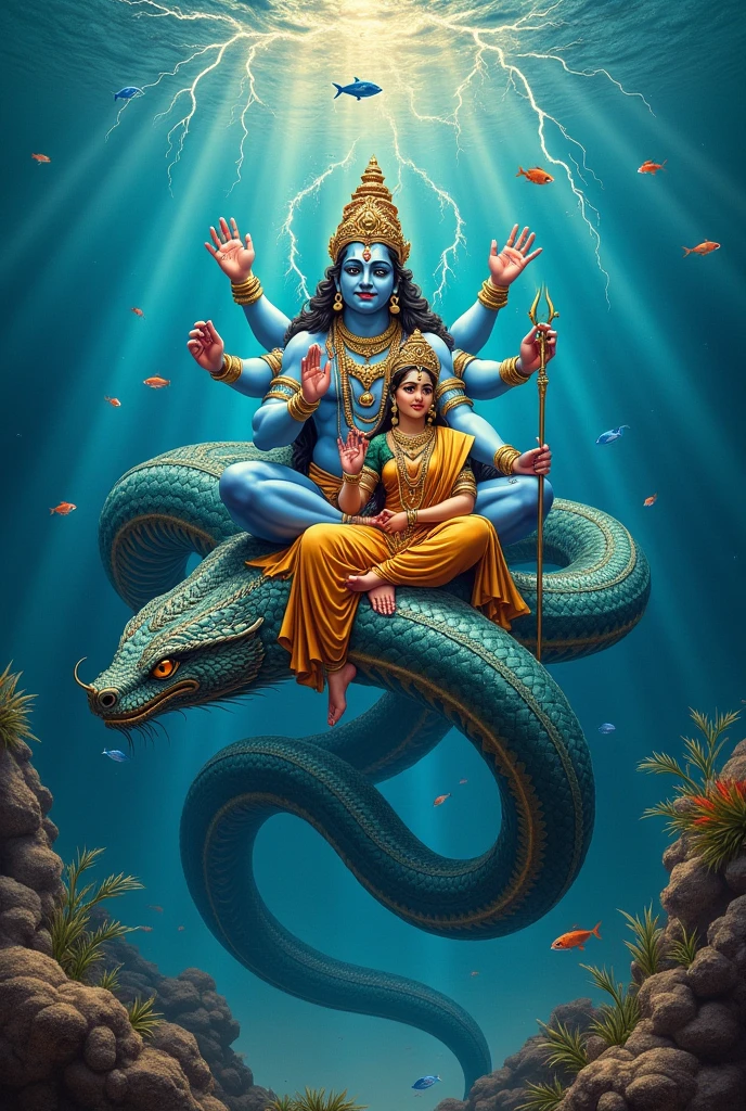 A beautiful picture lord Vishnu with seshnag with Laxmi mata under water and thunder lighting 
