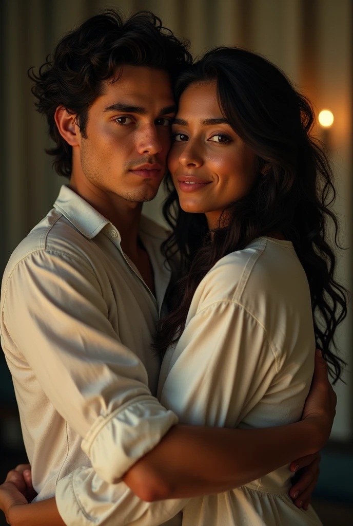 (photorealism:1.2), Dylan O&#39;Brien in The Maze Runner hugging a woman of Mexican descent, of 18 years, tanned complexion, dark wavy hair, Brown eyes, wearing a white blouse