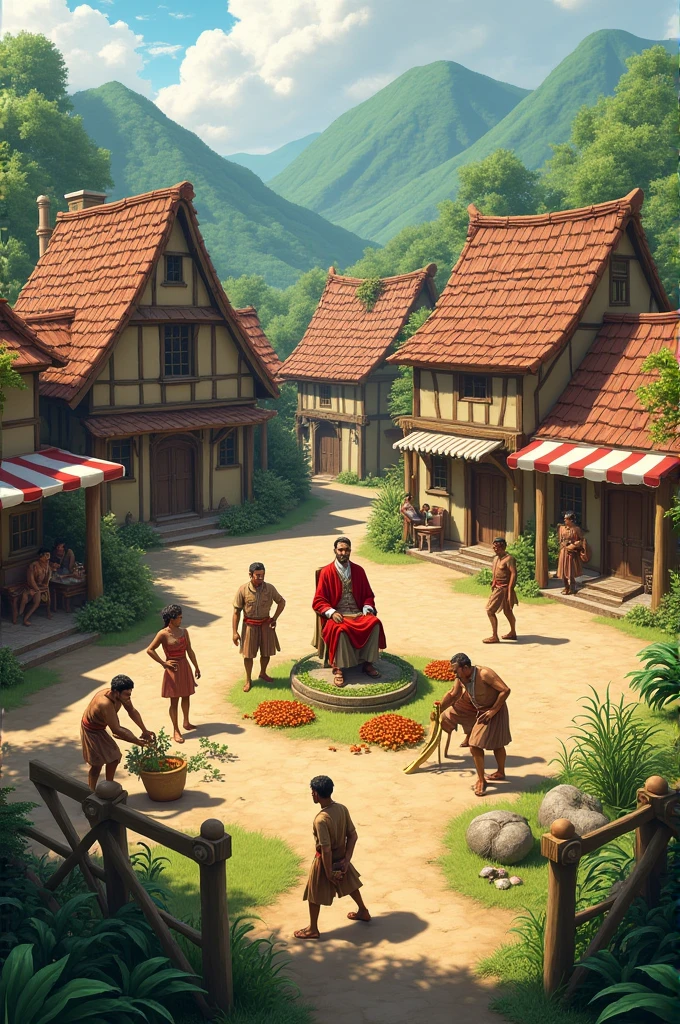A square in the middle of a beautiful village where the villagers have gathered, a chief sitting on a chair in the middle, a man plowing two men.