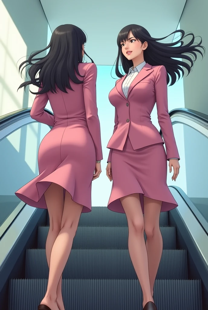 Two japanese women,slouch,Top Quality, Very High Resolution, (Realistic:1.4), (Exact Reproduction: 1.4), Huge Breasts, Facial Detail, Fine Eyes, Career Woman, pink Business Suit, medium Skirt, Heels, Standing, Skirt, 2Girl, Back view, Beautiful long legs, visible buttocks, Shot from below ,(((BIG ASS:1.6))),real pink pantyhose,windy skirt, escalator, skirt blown up, big ass