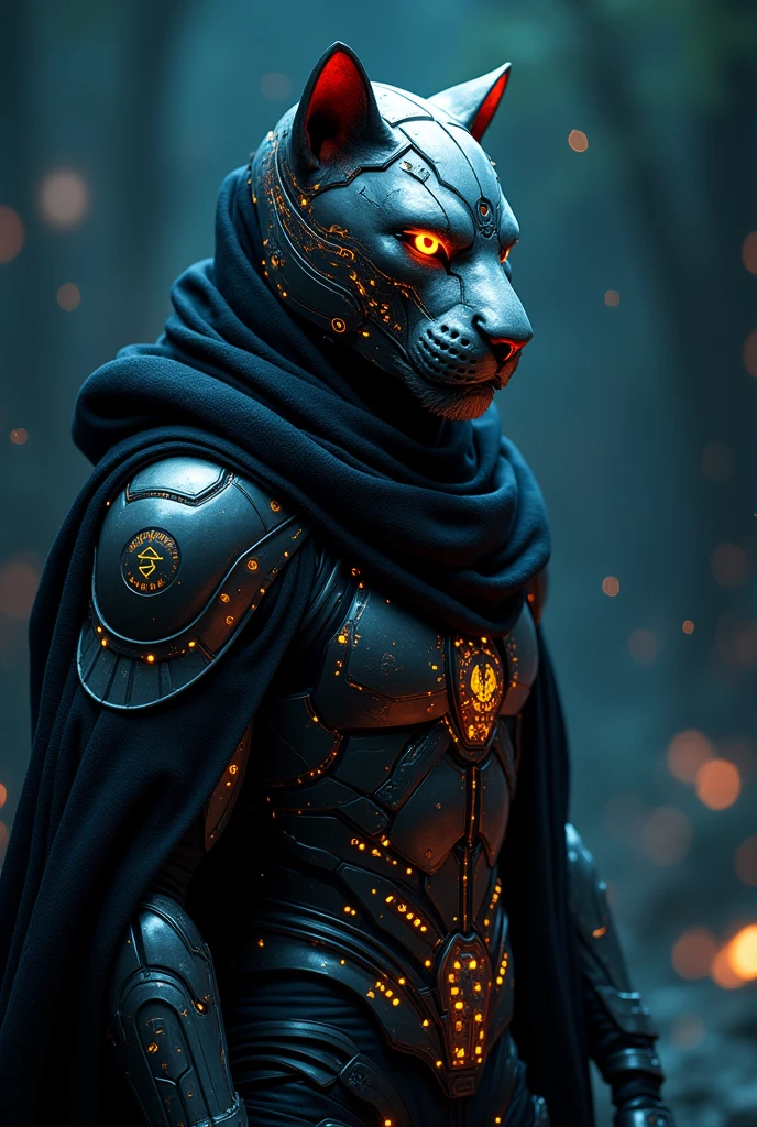realistic, shiny, reflective, bioluminic, galactic cybernetic mask, lion, mecha, (assassin:1.2), scarf, cloak, sh4g0d, GlowingRunes_red, fullbody, cinemnatic, dark background, backlight, high contrast,