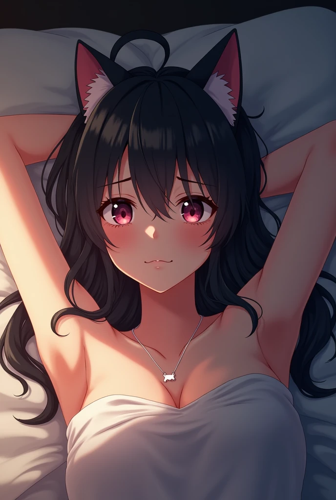Make a naked female anime character on her back in bed with an embarrassed face with cat ears and a naked cat necklace