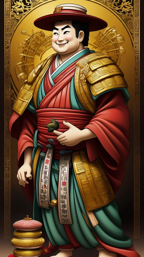 "Create an image of Daikokuten, the Japanese god of wealth and prosperity, depicted as a jovial and plump figure. He is wearing a traditional Japanese hat and clothing, with a large sack slung over his shoulder. In his right hand, he holds a small magic mallet known as 'Uchide no Kozuchi,' which symbolizes the granting of wishes. His expression is kind and inviting, conveying a sense of abundance and good fortune. The background features a shrine setting with rice bales and coins, symbolizing prosperity."
