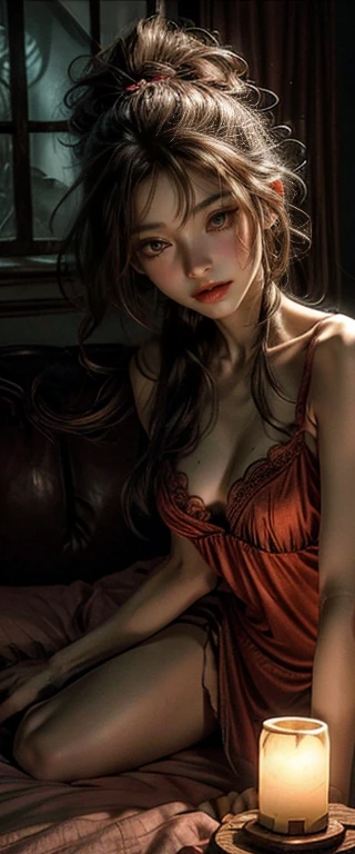 n a dimly lit bedroom, with only a soft, faint light from the bedside lamp casting a warm glow, a young woman is lying on her bed, deeply asleep. She is dressed in a delicate pink nightgown, with the fabric gently draped over her relaxed form. The atmosphere is peaceful yet eerie, as shadows play across the room. In her dream, a terrifying demon with a grotesque, green face and wild, unkempt hair appears. The demon has an unnervingly long tongue that is extended out towards the woman's head, as if about to lick her. The creature's presence is menacing, creating a chilling, horror-filled scene. The overall mood is one of intense fear and unease, capturing the essence of a nightmare that feels all too real.