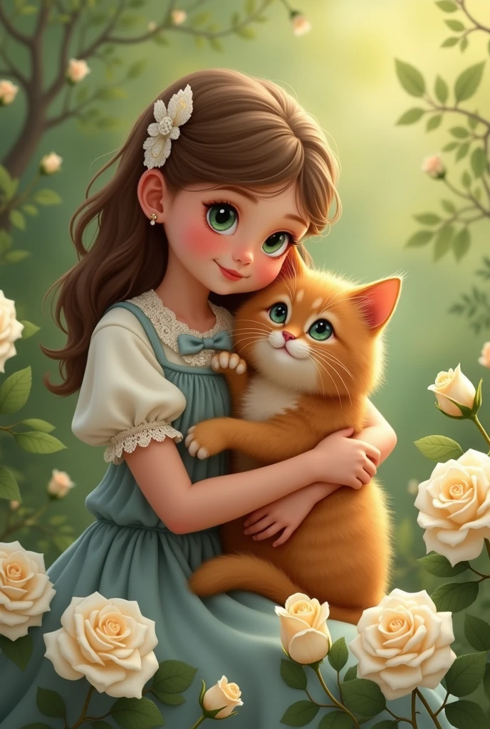 Provence style with white roses on a green background, She is wearing a lace bow dress and holding a red fluffy cat
