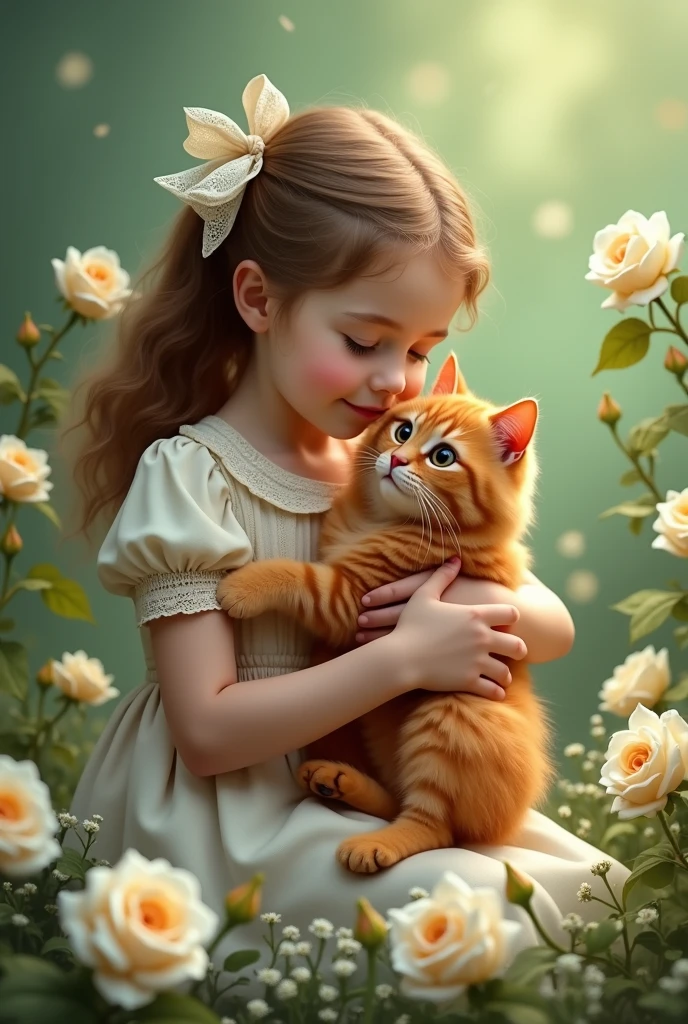 Provence style with white roses on a green background, She is wearing a lace bow dress and holding a red fluffy cat