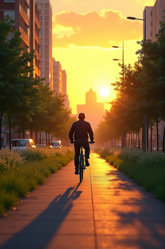 A greenground with and cycle with man sunset in city only show shadows real life