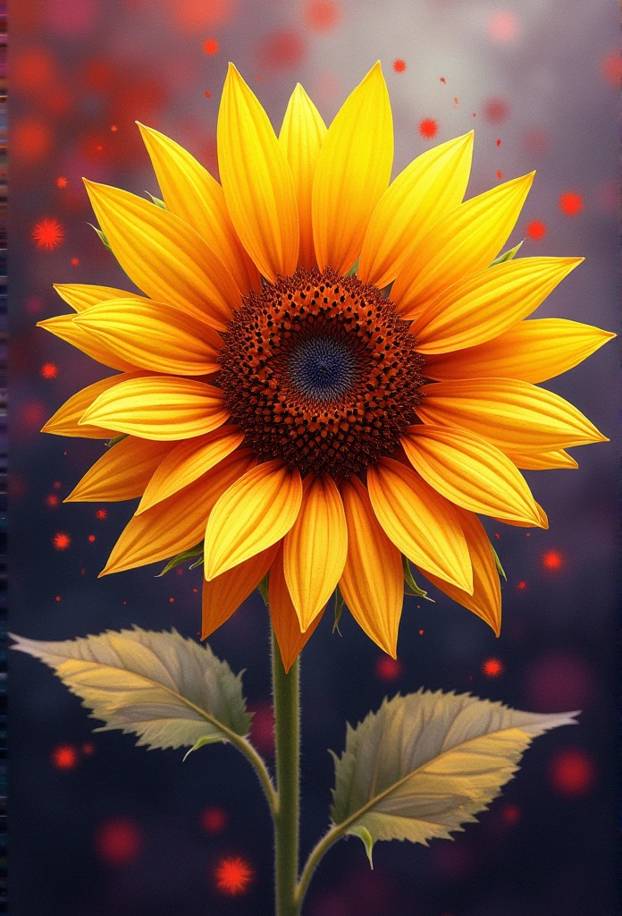 flower, sunflower ,in the style of light yellow and orange in the center, dreamy and romantic compositions, pale yellow, ethereal foliage, playful arrangements,fantasy, high contrast, ink strokes, explosions, over exposure, purple and red tone impression , abstract, ((watercolor painting by John Berkey and Jeremy Mann )) brush strokes, negative space, dark background
