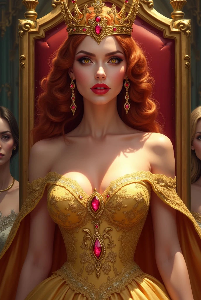 A queen with copper brown hair. Her narrow, golden eyes are like fire and her dress is also golden, full of shine and also has a sweetheart neckline and golden lace that goes up to the neck. The golden crown on his head has a ruby in the center, and her earrings are also ruby. Behind her is the throne room, with a red throne and two subjects. The red lips are curved in a mocking, arrogant smile. it is a drawing.