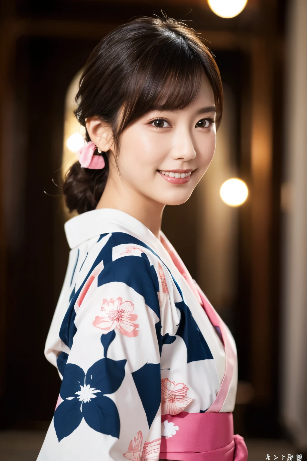 1 person, (Wearing a cute pink yukata.:1.2), Very beautiful Japanese idol portraits, (Young Face),
(RAW Photos, Highest quality), (Realistic, Realistic:1.4), (masterpiece), 
Very delicate and beautiful, Very detailed, 2k wallpaper, wonderful, finely, Very detailed CG Unity 8k 壁紙, Very detailed, High resolution, Soft Light, 
Beautiful details, Very detailed目と顔, Beautiful and sophisticated nose, Beautiful and beautiful eyes, Cinema Lighting, 
(Commemorative photo at the Loire Castle:1.3), 
(Japanese hairstyle), (Tie your hair at the back:1.3), (bangs), (hairpin), 
Complete Anatomy, Slender body, Small breasts, smile