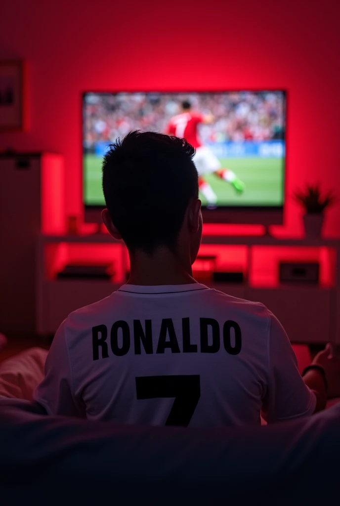 A person watching tv with shirt name ‘Ronaldo’ and number 7 far away from the tv and lighting of the room will redish type