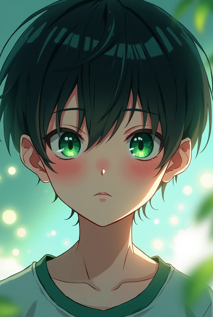 Anime boy with black hair and green eyes