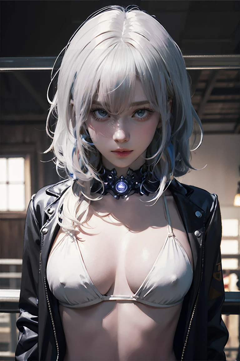 (masterpiece, Highest quality:1.2), 1 person, alone, Close-up of a woman in bikini and jacket posing on a railing, cyber punk, cyber punkオッパイ, cyber punkアニメアート,NSFW, ((Woman with tattoo on chest)), Erect nipples, ((Short white hair with bangs, Black strands of hair)), Purple eyes,. 超High resolution.Realistic. 超High resolution.Realistic:1.4,超High resolution. Realistic,High resolutionで, masterpiece, Highest quality, Very detailed, Better Shadows, Volumetric lighting), super high quality, High resolution, 8k, 超Realisticな肖像画 , Realistic, Dynamic Lighting, Volumetric lighting, Very detailed顔