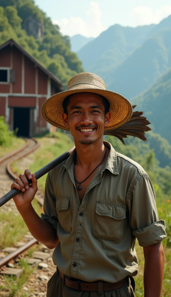 1man, solo, (realistic:2.0), (real photo:2.0), masterpiece, best quality, natural skin texture, asian man, photo realistic,
A Indonesian hansome man, translucent woven straw hat , light smile, mountain, (old train station:1.2), (rust marks:1.2), cave, train, railroad tracks, carrying a hoe on his shoulder, looking at the viewer, backlit, full body shot, large the background,