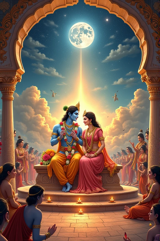 A grand royal wedding ceremony with Krishna and Jambavati seated together, surrounded by deities, sages, and divine beings. The atmosphere is festive, with vibrant decorations, flowers, and lights.
