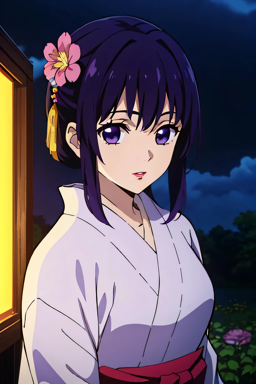 (top quality, 8k, high resolution, masterpiece:1.2),(anime art style),(shinobu kocho),(1 girl),(perfect face),(perfect eyes),(soft expression),(medium breasts),(purple hair),(natural lips),(medium hair),(bangs),(purple eyes),(floral yukata),(flower hair ornament),(summer festival),(night),(upper body),(viewer appreciation)