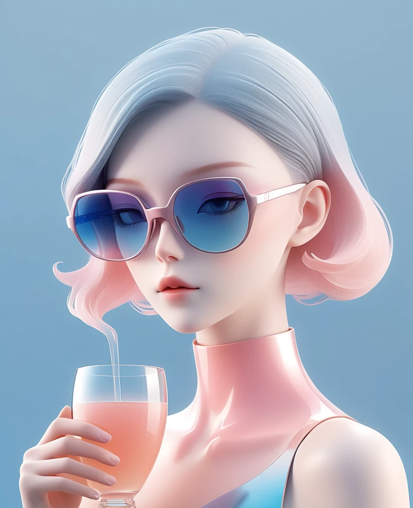 nude,3D illustration of the upper body and face of an AI model wearing futuristic glasses, Stylish glasses with a drink attached，gradient background, pastel color palette, Pink blue, Simple, Cold metallic texture, surrealism,
