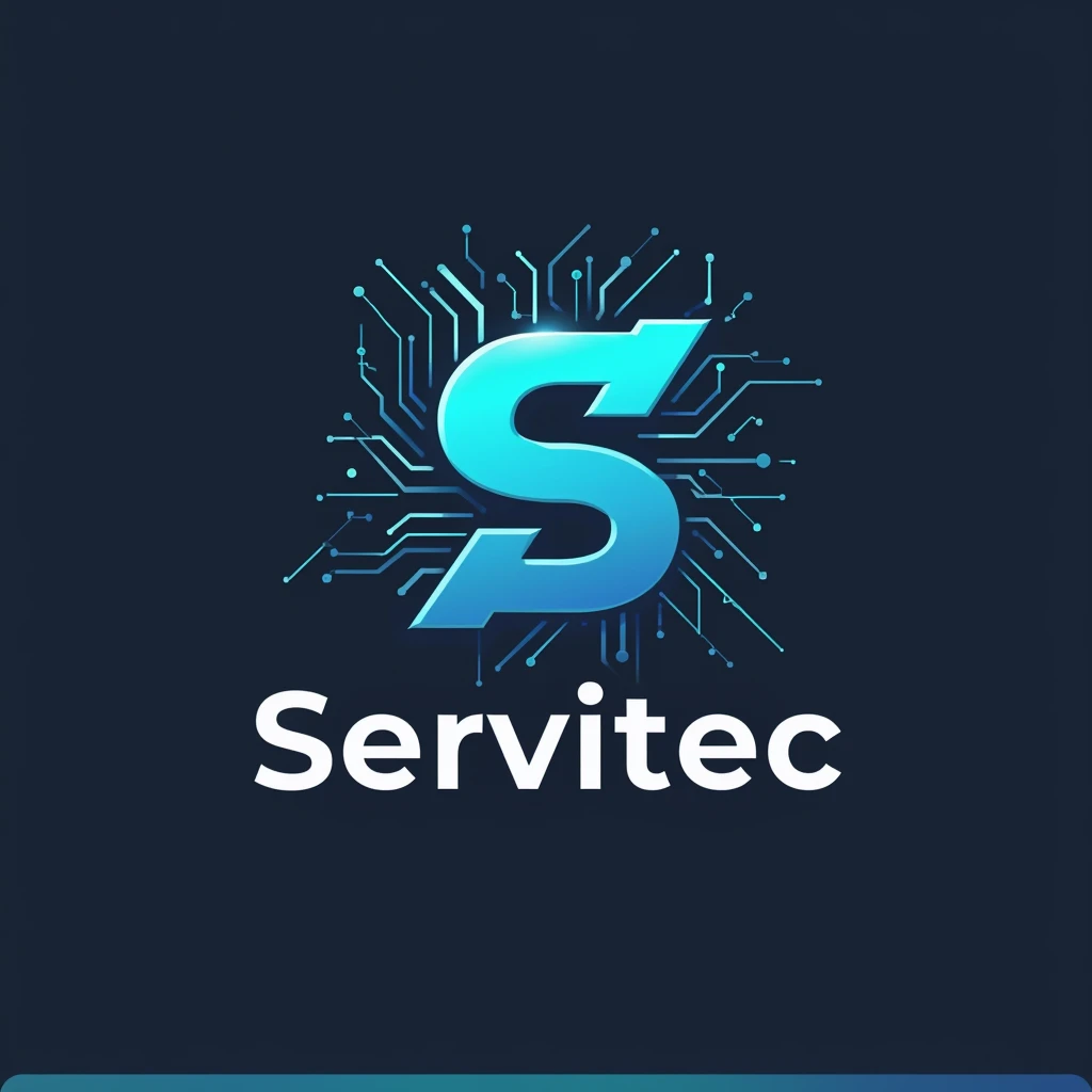 Logo for ServiTec using the S and T and with the silhouette of a soldering iron and a stereoscopic microscope in the background, that the image is FHD That the word ServiTec is read in full and clear
