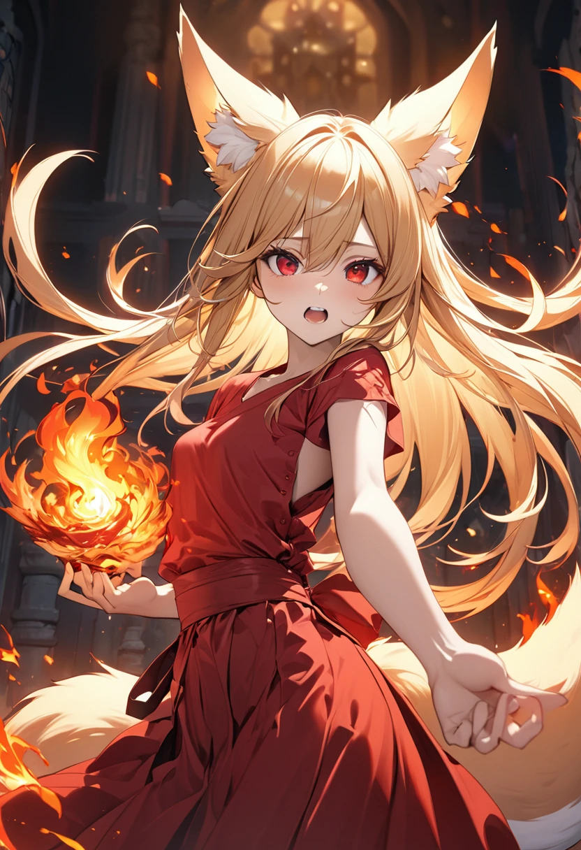 Longhair, (Red eyes:1.5),   women、slender、animal ears, tail, Shiny golden hair,   Fox ears,Fox Tail,  9 tails、The tips of the ears are white、White at the tip of the tail、(small breast:1.2), Double teeth、Slanted Eyes、BREAK looking at viewer, BREAK outside, BREAK (masterpiece:1.2), best quality, high resolution, unity 8k wallpaper, (illustration:0.8), (beautiful detailed eyes:1.6), extremely detailed face, perfect lighting, extremely detailed CG, (perfect hands, perfect anatomy),Scarlet hakama、Manipulating Fire、