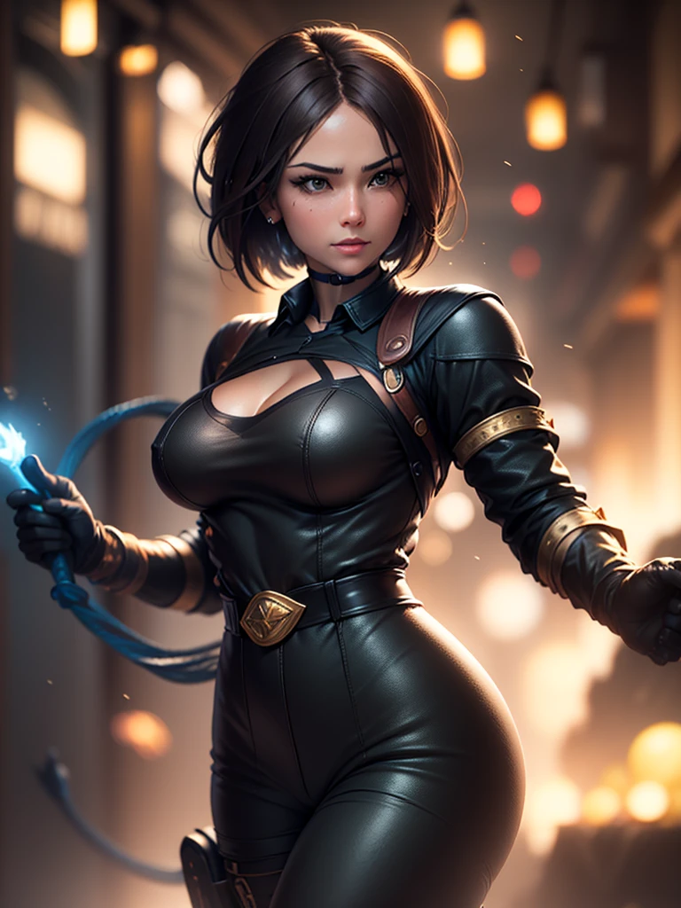 (at night), in a video game scene in the background of a beautiful city at night, raining, alone, standing looking straight ahead, military green military clothing, black gloves, semi-short hair, ((semi-short hair) short)), 1 girl, 30 years old, young woman, perfect hands, Beautiful fingers, Beautiful long legs, Beautiful body, Beautiful nose, Beautiful character design, perfect face, looking straight at the viewer with a serious and very upset gesture, brings grabbed a whip in his black hand (focusing on his face), closed mouth, light_smile, official art, extremely detailed CG unity 8k wallpaper, perfect lighting, bright and colorful front lighting, glowing skin (masterpiece: 1.0) , (Best_quality: 1.0), ultra High resolution, 4k, ultra detailed photography, 8K, hdr, High resolution, Nonsense:1.2, Kodak portrait 400, film grain, Background blur, bokeh:1.2, Lens flare, (vibrant_color :1.2), professional photography, (Beautiful, breasts: 1.4), (Beautiful_face: 1.5), (narrow waist),