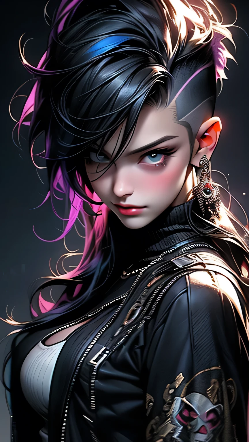 Professional:1.Six models, (最high quality, 4K, 8k, High resolution, masterpiece:1.2), Very detailed, Realist, Punk Style, Punk Fashion, ((Upper body portrait)), Spiked clothing, Chain Accessories, Rebel Pose, Mohawk Alto, Fancy rainbow hair, (Night forest background), Studio Lighting, Dynamic poses and grace、masterpiece, 最high quality, high quality, High resolution, ((Upper body portrait)), Upper body portrait、super big breasts sexy、With a smile