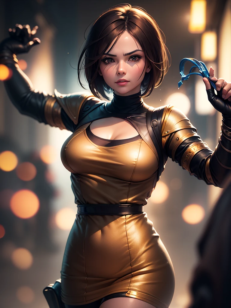 (at night), in a video game scene in the background of a beautiful city at night, raining, alone, standing looking straight ahead, military green military clothing, black gloves, semi-short hair, ((semi-short hair) short)), 1 girl, 30 years old, young woman, perfect hands, Beautiful fingers, Beautiful long legs, Beautiful body, Beautiful nose, Beautiful character design, perfect face, looking straight at the viewer with a serious and very upset gesture, brings grabbed a whip in his black hand (focusing on his face), closed mouth, light_smile, official art, extremely detailed CG unity 8k wallpaper, perfect lighting, bright and colorful front lighting, glowing skin (masterpiece: 1.0) , (Best_quality: 1.0), ultra High resolution, 4k, ultra detailed photography, 8K, hdr, High resolution, Nonsense:1.2, Kodak portrait 400, film grain, Background blur, bokeh:1.2, Lens flare, (vibrant_color :1.2), professional photography, (Beautiful, breasts: 1.4), (Beautiful_face: 1.5), (narrow waist),