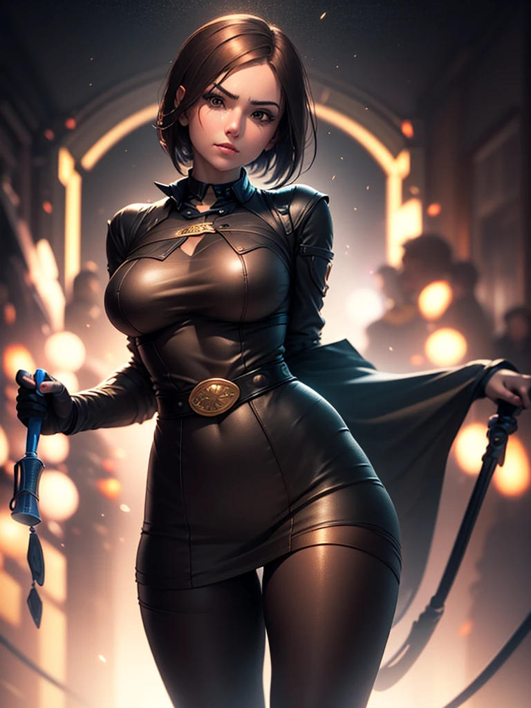 (at night), in a video game scene in the background of a beautiful city at night, raining, alone, standing looking straight ahead, military green military clothing, black gloves, semi-short hair, ((semi-short hair) short)), 1 girl, 30 years old, young woman, perfect hands, Beautiful fingers, Beautiful long legs, Beautiful body, Beautiful nose, Beautiful character design, perfect face, looking straight at the viewer with a serious and very upset gesture, brings grabbed a whip in his black hand (focusing on his face), closed mouth, light_smile, official art, extremely detailed CG unity 8k wallpaper, perfect lighting, bright and colorful front lighting, glowing skin (masterpiece: 1.0) , (Best_quality: 1.0), ultra High resolution, 4k, ultra detailed photography, 8K, hdr, High resolution, Nonsense:1.2, Kodak portrait 400, film grain, Background blur, bokeh:1.2, Lens flare, (vibrant_color :1.2), professional photography, (Beautiful, breasts: 1.4), (Beautiful_face: 1.5), (narrow waist),