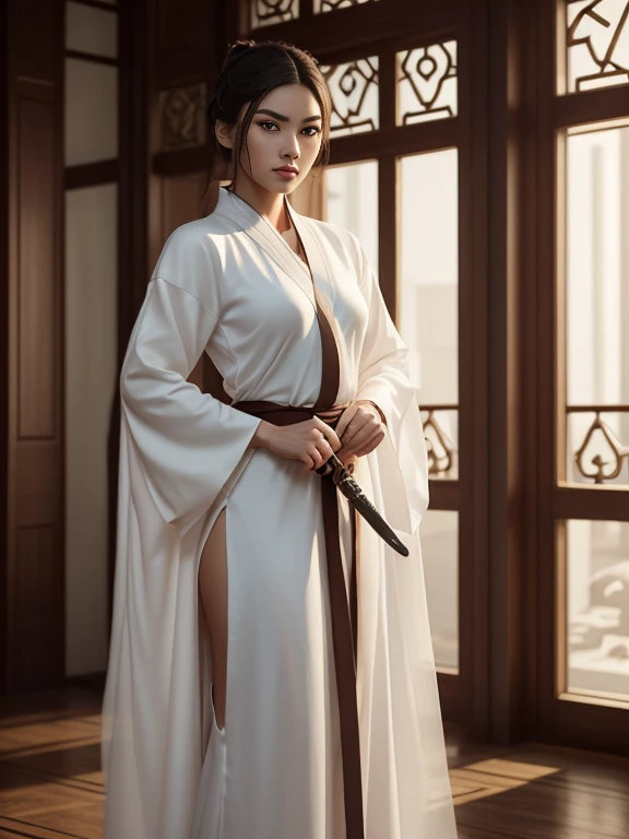 Close-up of a woman wearing a white dress and holding a sword, Portraits by Jan J, Trending on CGSociety, Fantasy art, Beautiful character drawings, artwork in the style of Gwaiz, Gwaiz, White Hanfu, Flowing white robes, Full body martial arts, Magnificent and elaborate character art, Amazing character art, beautiful female assassin