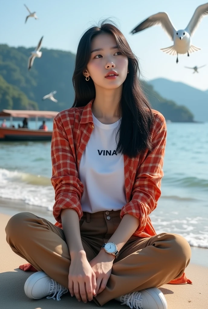Beautiful Korean girl with smooth white skin, well-groomed face, long straight black hair, red and orange checkered shirt, white T-shirt with the Vina logo, brown cargo pants, cool watch, white shoes posing sitting on the beach, background, sea waves, fishing boat , seagulls flying. clear blue sky, very beautiful, mountains and waterfalls, the original photo is realistic