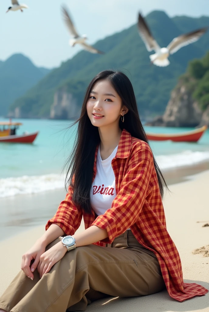 Beautiful Korean girl with smooth white skin, well-groomed face, long straight black hair, red and orange checkered shirt, white T-shirt with the Vina logo, brown cargo pants, cool watch, white shoes posing sitting on the beach, background, sea waves, fishing boat , seagulls flying. clear blue sky, very beautiful, mountains and waterfalls, the original photo is realistic