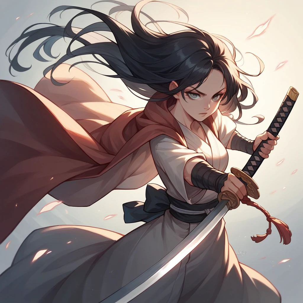 Female samurai with open shoulders and a cloak,beautiful,The old days,Woman 1,holding a katana sword,best pictures,black hair,gray eyes,sexly,Action