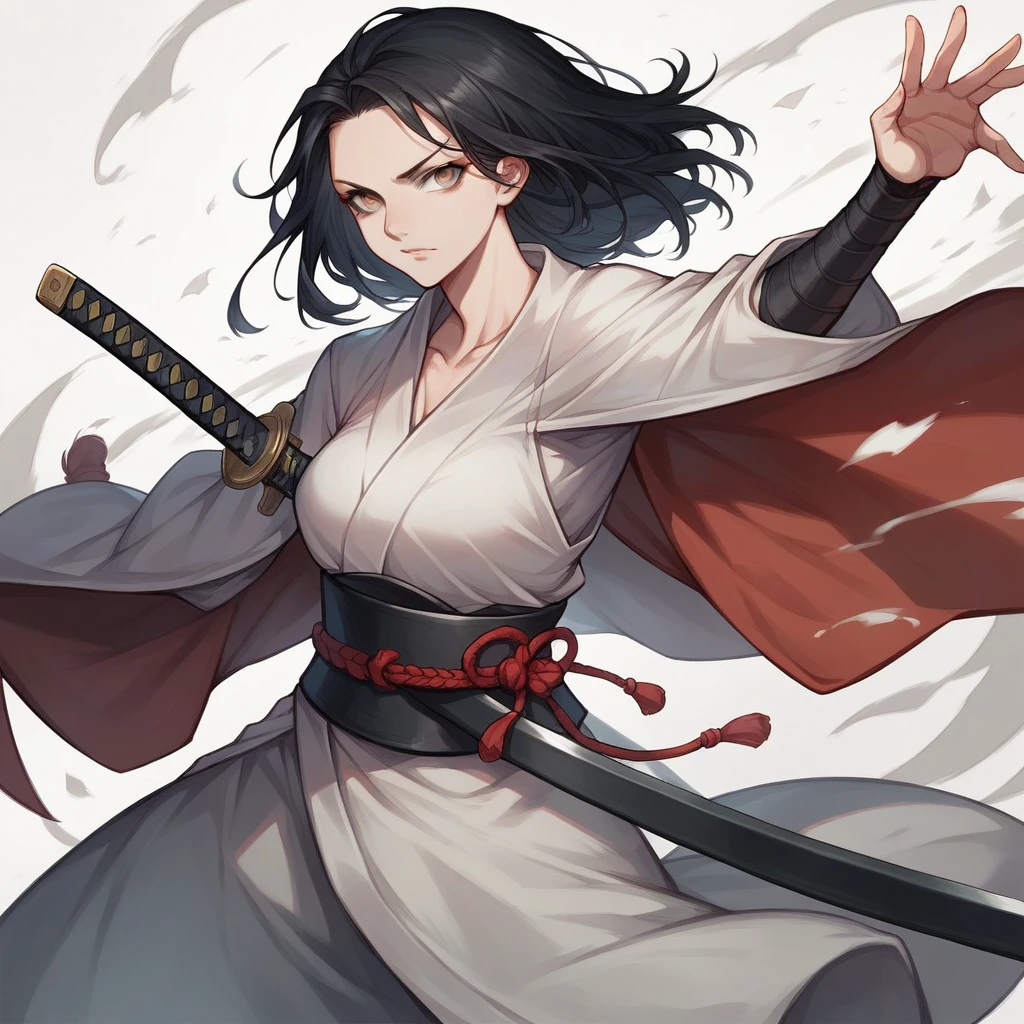 Female samurai with open shoulders and a cloak,beautiful,The old days,Woman 1,holding a katana sword,best pictures,black hair,gray eyes,sexly,Action