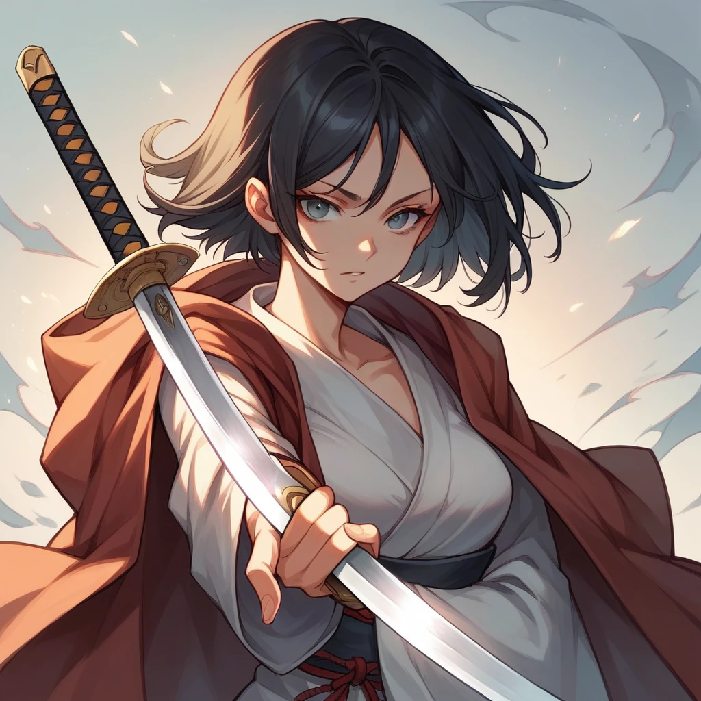 Female samurai with open shoulders and a cloak,beautiful,The old days,Woman 1,holding a katana sword,best pictures,black hair,gray eyes,sexly,Action