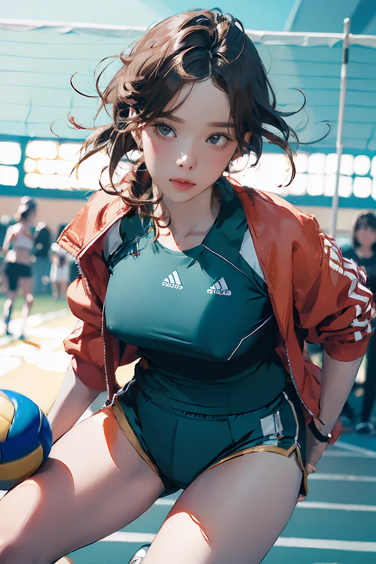 8k, RAW Photos, Highest quality, masterpiece, practical, reality, (1. Exquisite beauty), 2, Nice,The face is rich in detail, (Perfect Teeth), Delicate eyes, double eyelid, eyelash, Grin, Lips Detail, Brown bob hair, Natural Breasts, ((Sexy Japanese volleyball)), ((Teal sexy sports shorts))Soft Light, ((Depth of the written border)) 、Shot in the back、all、Stick your butt out、Spread your legs、the body is slim、Inverted nipples, High Jump Jacket,Sporting goods,Leaked,