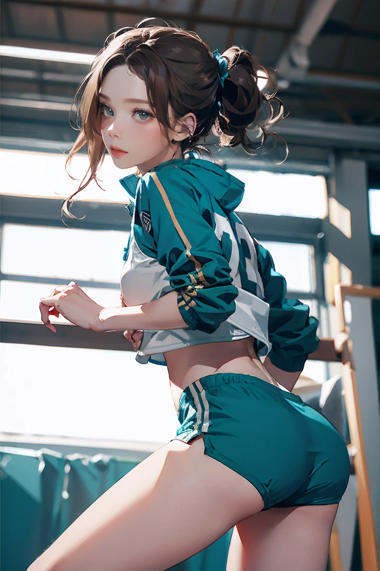 8k, RAW Photos, Highest quality, masterpiece, practical, reality, (1. Exquisite beauty), 2, Nice，The face is rich in detail, (Perfect Teeth), Delicate eyes, double eyelid, eyelash, Grin, Lips Detail, Brown bob hair, Natural Breasts, ((Sexy Japanese volleyball)), ((Teal sexy sports shorts))Soft Light, ((Depth of the written border)) 、Shot in the back、all、Stick your butt out、Spread your legs、the body is slim、Inverted nipples, High Jump Jacket,Sporting goods，Leaked，