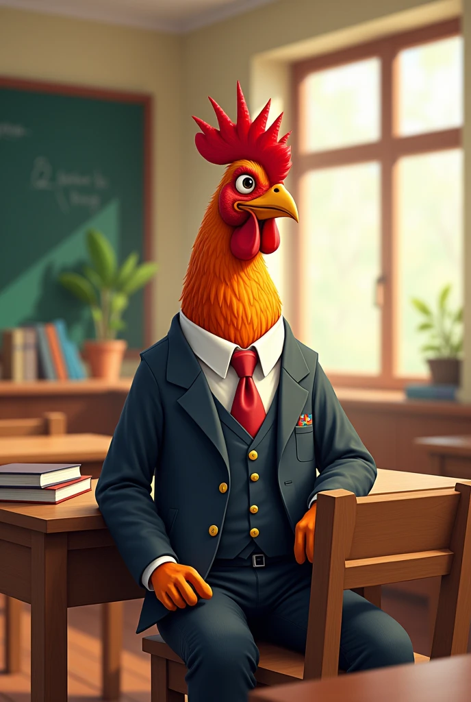 A rooster sits in school in a school uniform
